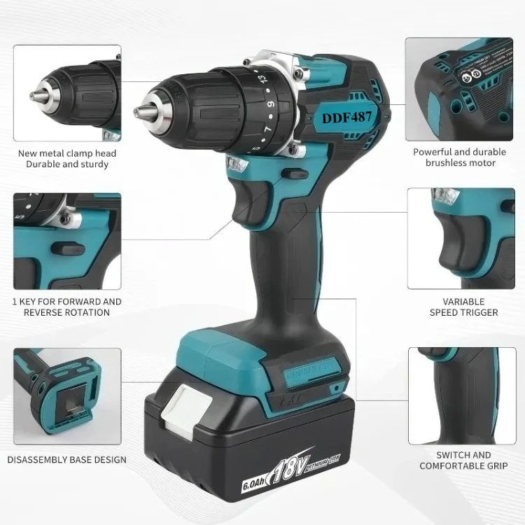 DDF487 Cordless  Electric Drill Driver Compact High Torque LXT Electric Variable Speed Brushless Motor Tool for Makita  Battery