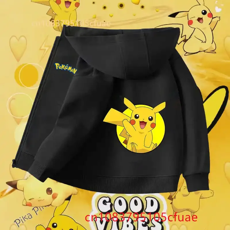 

Kawaii Pokemons Black Zipper Hoodie Set Kid Clothes GirlsClothing Baby Boy Autumn Pikachu Birthday Sweatshirt Children Top+pants