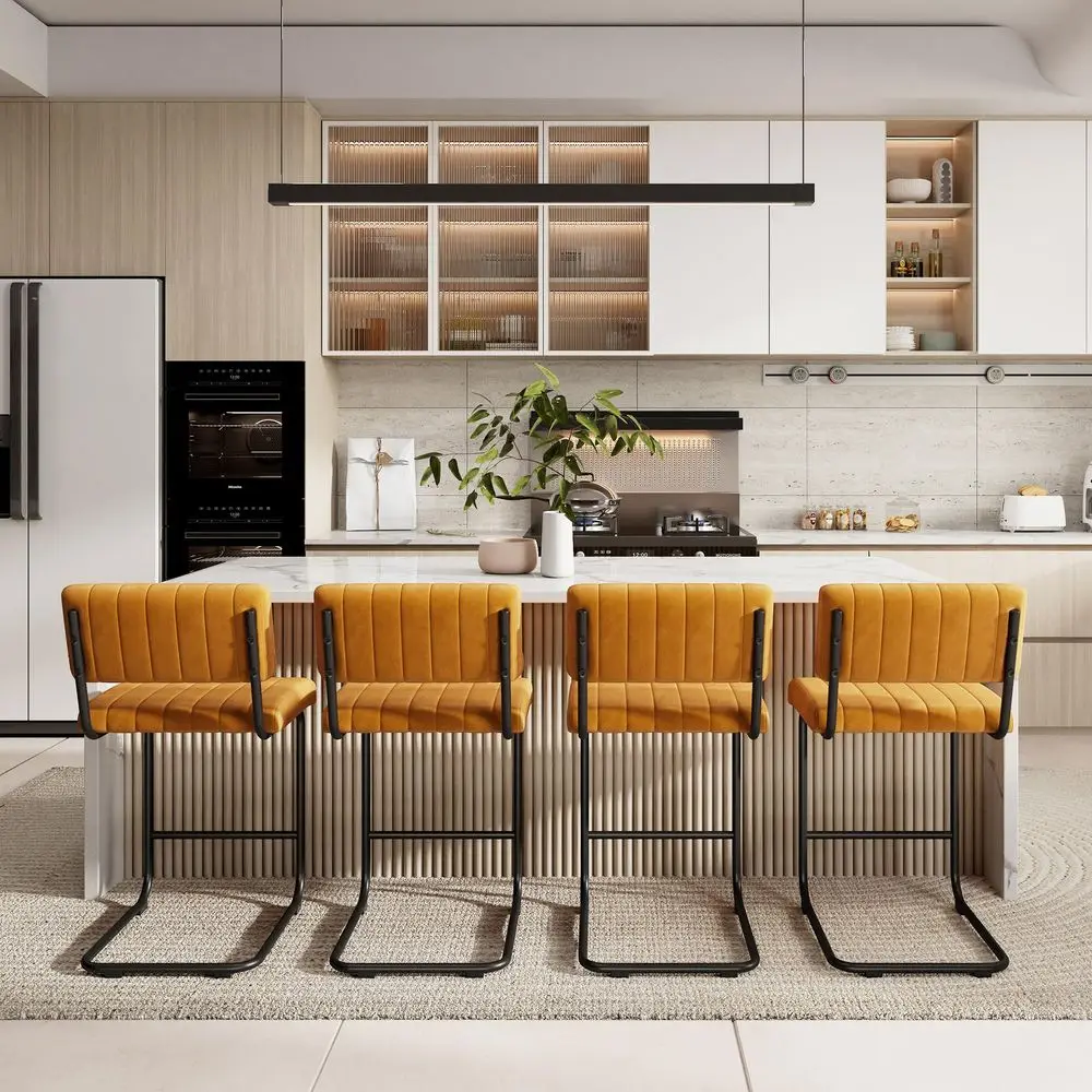 

24 Inch Bar Stools Set of 4, Cantilever Counter Height Barstools, Upholstered MidCentury Modern Counter Chairs with Metal Base
