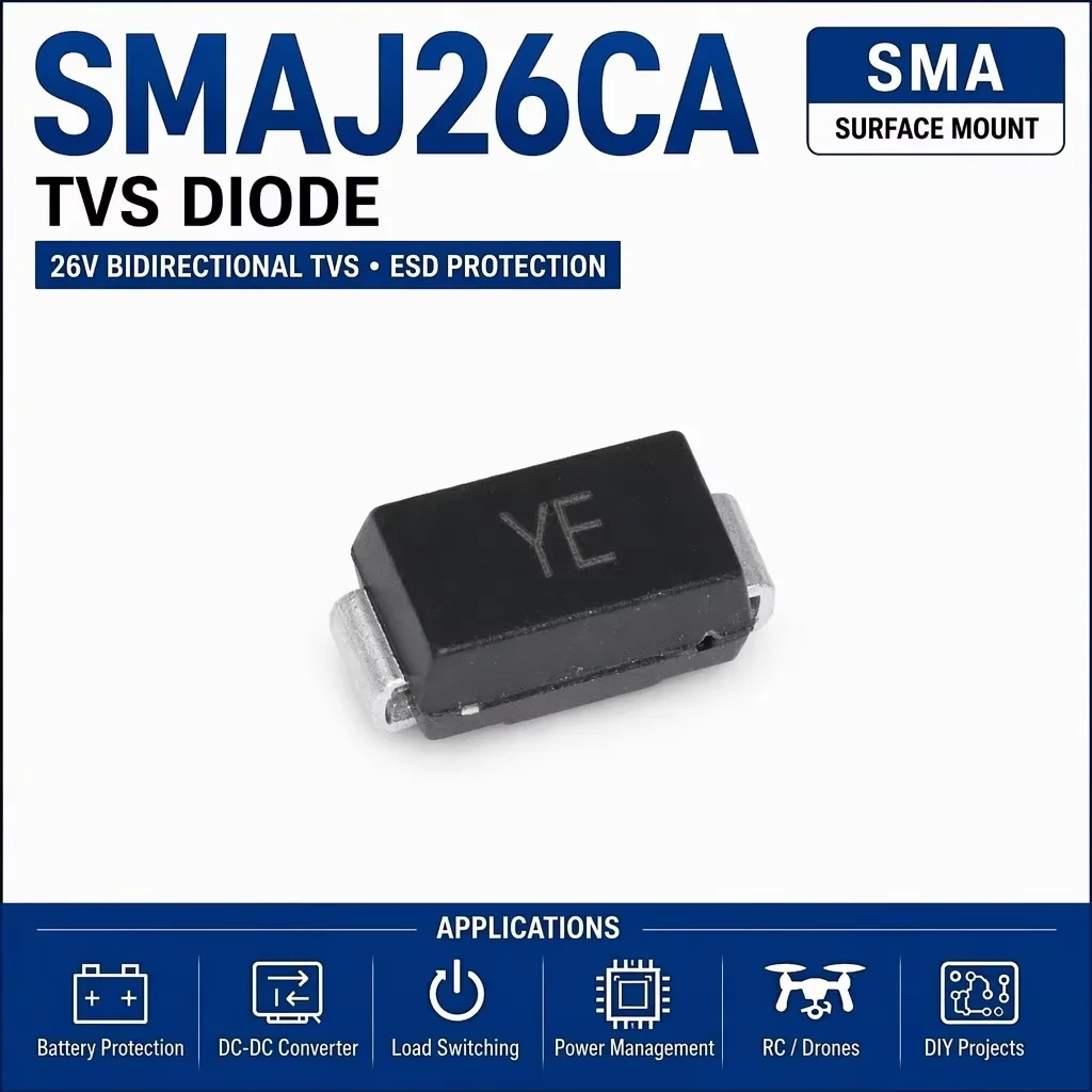 (100 pcs) SMAJ26CA SMA (Marking YE) - Bidirectional TVS Diode 26V 400W 42.1V Clamp