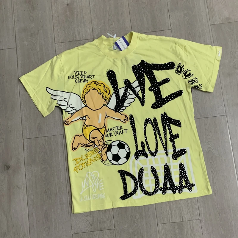 Fashion Yellow Angel Hot Stamping Logo Print Duaa Short Sleeved Top Round Neck All-match High-quality T-shirt