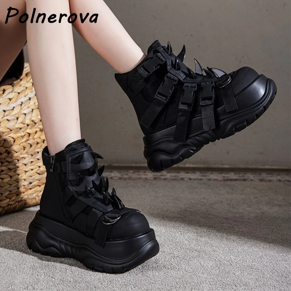 

Black Spike Ankle Boots Buckle Belt Thick Soled Rivet Cool Round Toe Fashion Shoes Women's Winter Warm Solid Dark Punk Shoes