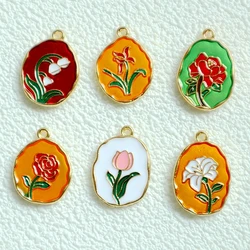 10PCS Charm Flower Card Alloy Enamel Pendant Double Texture Tulip Rose Colorful DIY Necklace Bracelet Earring Keychain Accessory