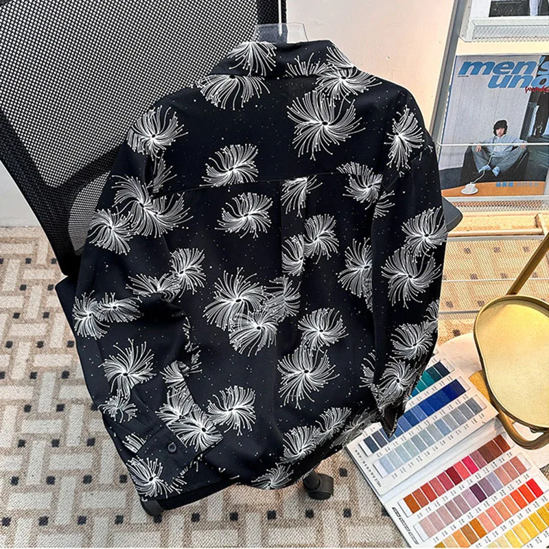 Men's Printed Sequin Ice Silk Shirt Spring Summer American Casual Fashion Loose Wrinkle Resistant Lapel Long Sleeve Shirts