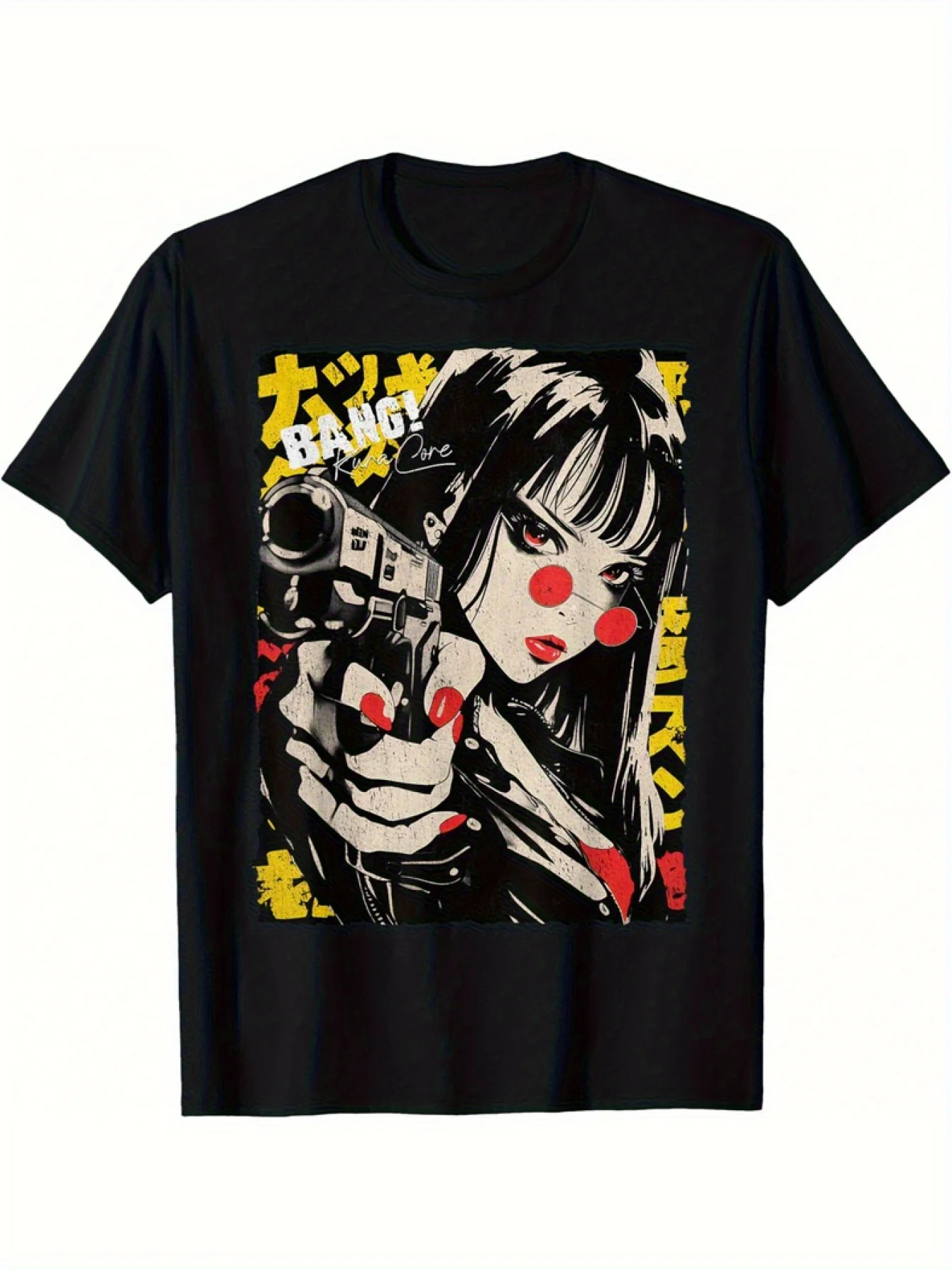 تي شيرت ياباني Cyberpunk Y2K Anime Manga - نص ياباني أسود/أبيض وتصميم مسدس دائرة حمراء، نمط ملابس تقنية قديمة #2