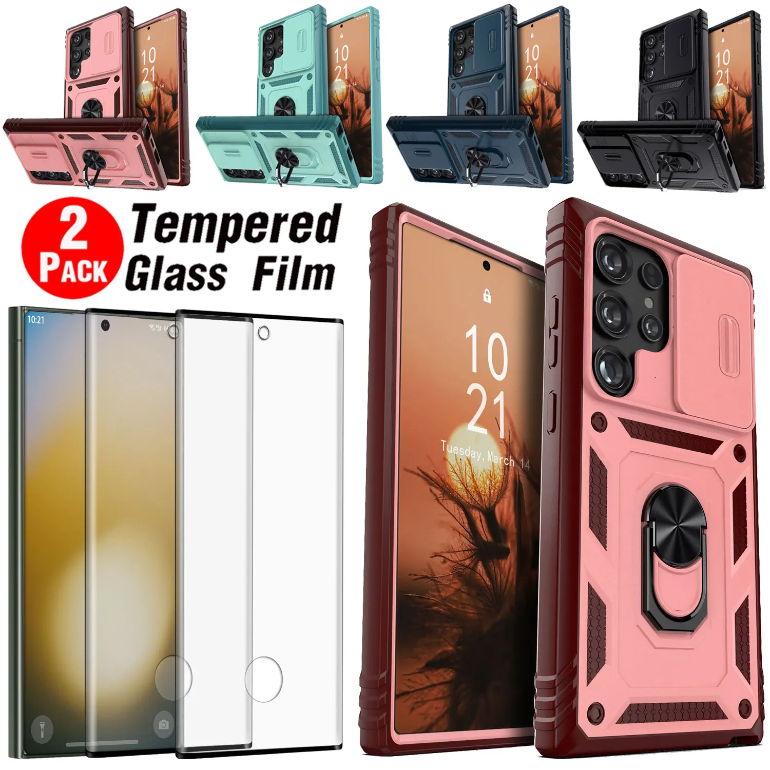

For Samsung For Galaxy S23/FE/Ultra/Plus Lens Slide Protect Case Ring Stand Cover +2PCS Clear Tempered Glass Screen Protectors