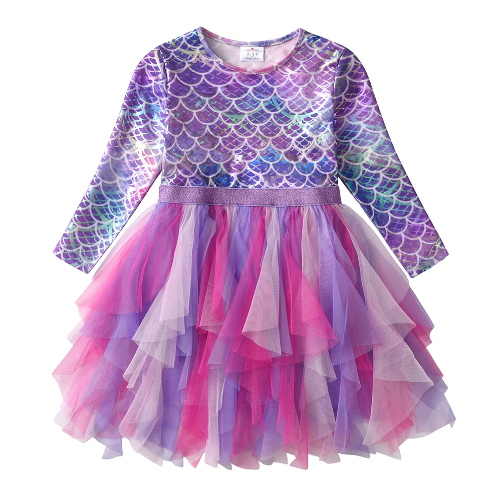 DXTON Autumn Princess Dress Mermaid Children Birthday Party Girls Dress Irregular Layered Prom Kids Long Sleeve Costumes 3-8Y image 4