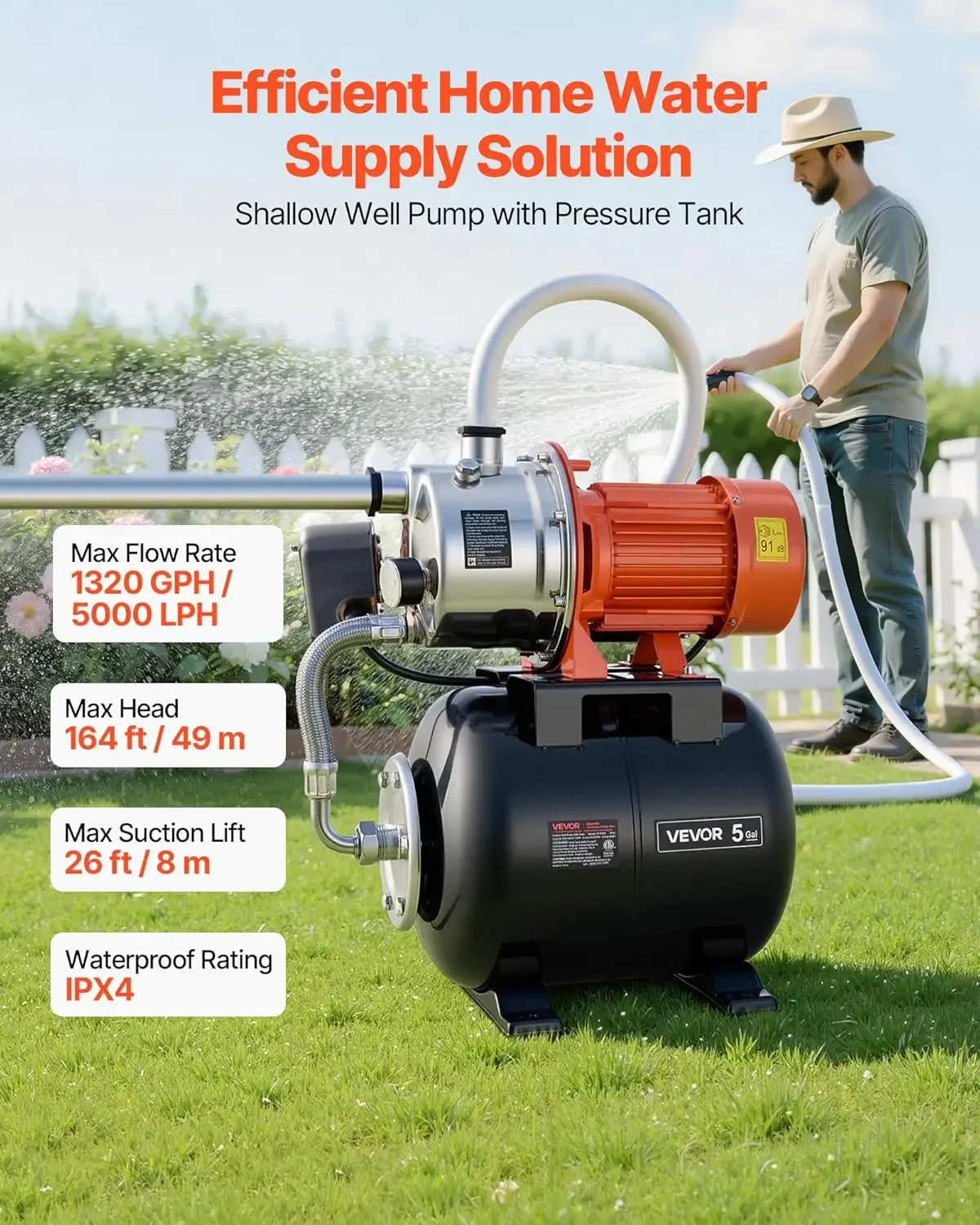 1.6 HP Shallow Well Pump with Pressure Tank, 120V 1320 GPH, Stainless Steel Irrigation Jet Pump with 5-Gal Tank, Automatic Water