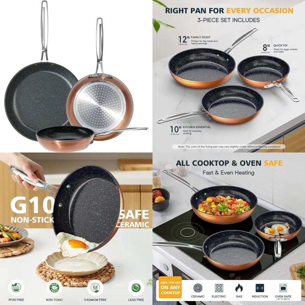 

nuwave 3-piece 8”, 10”, 12” forged lightweight frying pan set, g10 healthy duralon blue ceramic ultra non-stick, ergonomic stay-