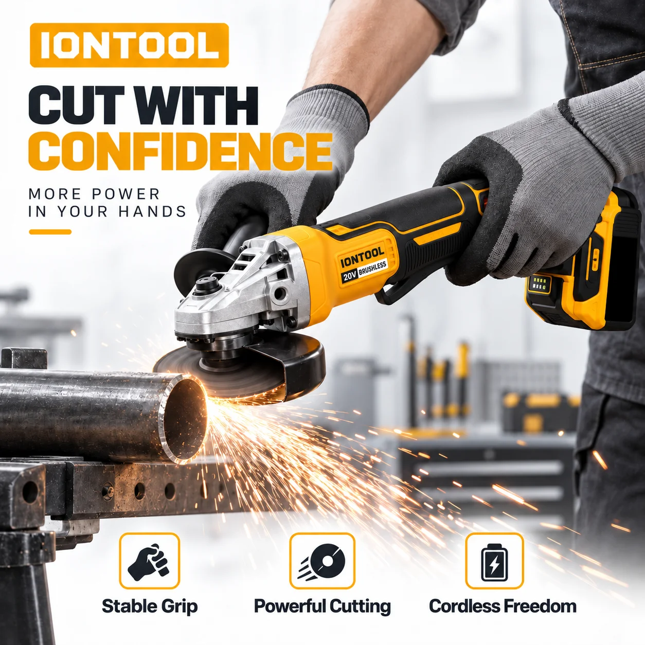 IONTOOL Handheld Yellow Cordless Angle Grinder For Weld Seam Grinding and Rust Removal and Surface Grinding and Edge Deburring