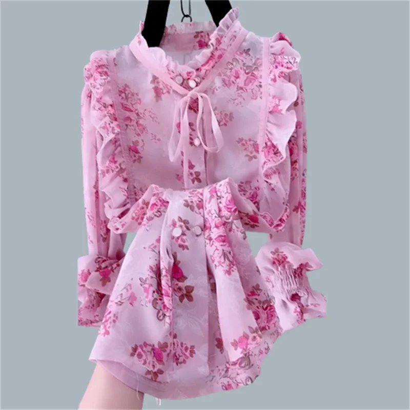 

Women Vintage Floral Printed Ruffle Lace Up Shirts Spring Autumn Fashion Elegant Chic Sweet Blouses Long Sleeve Loose Tops Z430