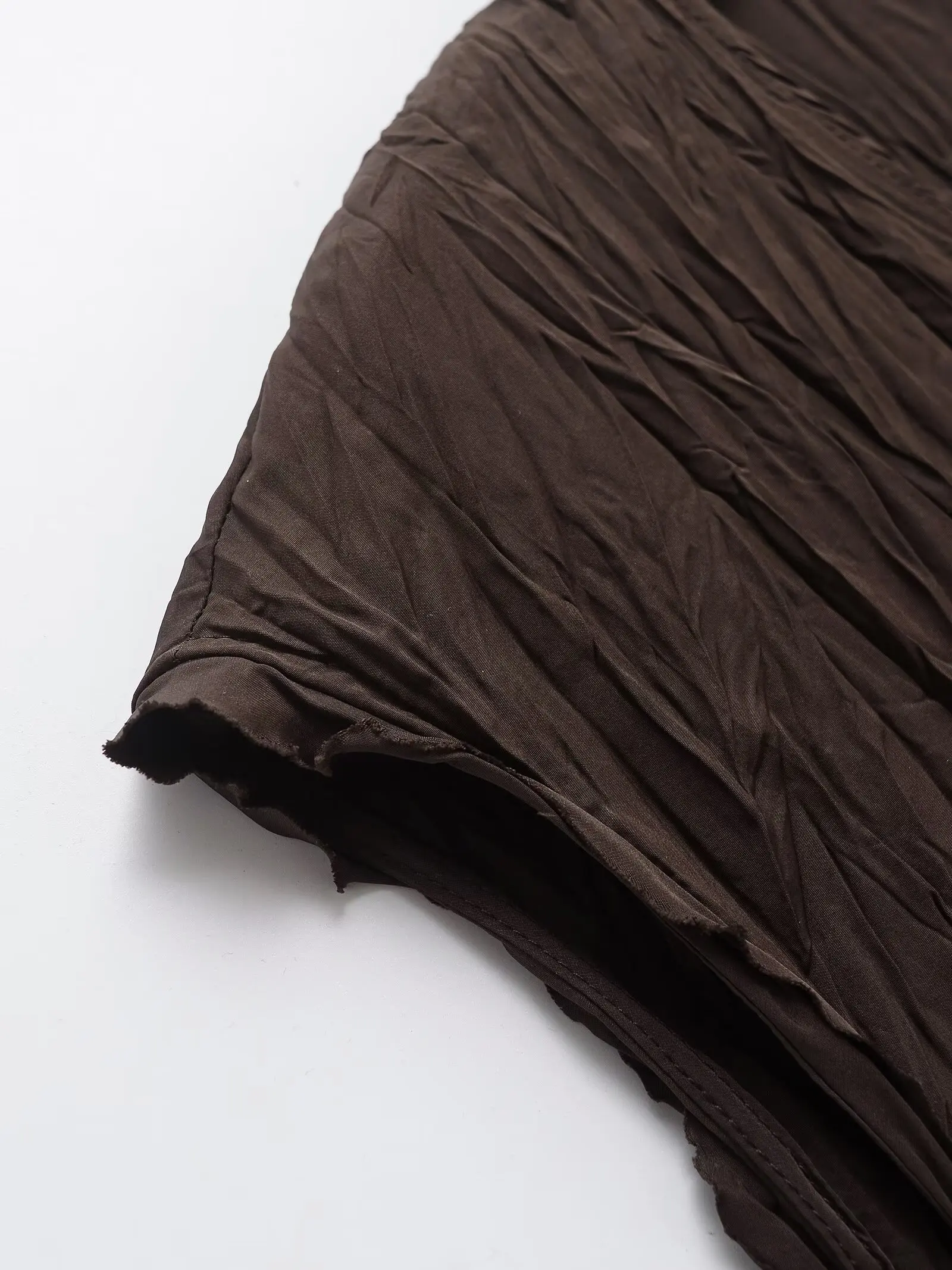 ETJ 2025 Lente dames elegante stijl bruin hangend vloeiende V-hals geplooide halflange jurk met korte mouwen