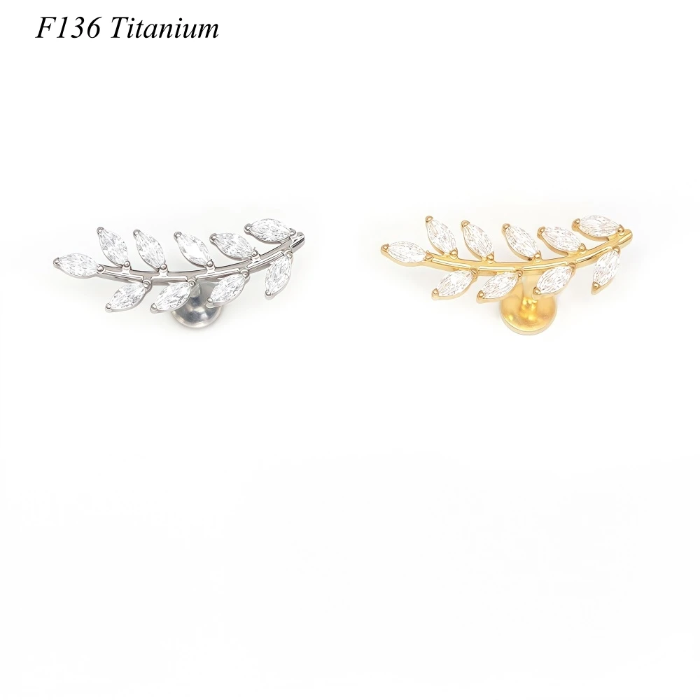 

10Pcs Titanium Leaf Ear Stud Crystal Zircon Earring Women Jewelry Internal Thread 16G Bar