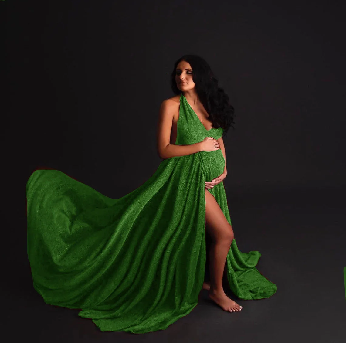European American Women's Fashion Sparkling Silver Maternity Train Maxi Dress Sleeveless Photoshoot Swirl Long Dress Pregnancy