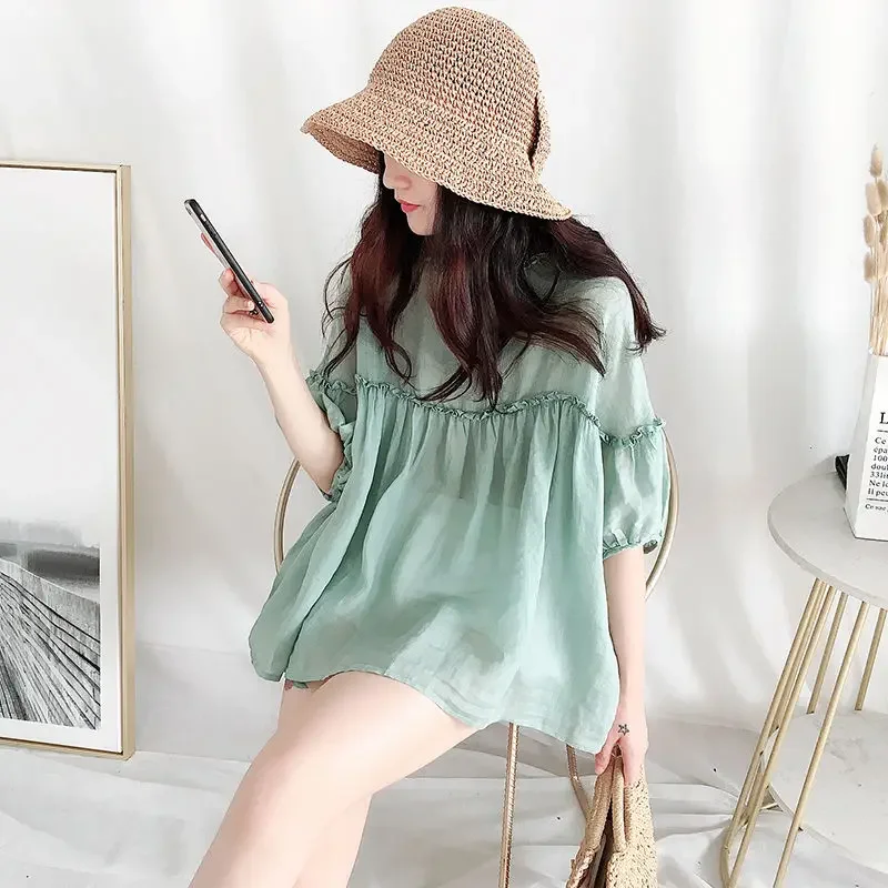 Women's Fashion Blouse Top Korean Style Summer Short-sleeved Round Neck Loose Western-style Lace A-line Shirt Women