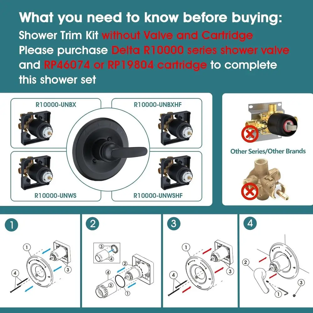 طقم حواف الدش البديلة من سلسلة Delta 1300/1400 مع 12 رأس مطر أسود غير لامع - بدون صمام #2