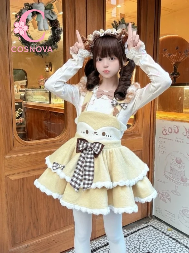 

Sweet Lolita Outfit Women Autumn Winter Cute Bow Top With Layered Suspender Cake Skirt 2 Piece Kawaii Animal Face Design Outfit