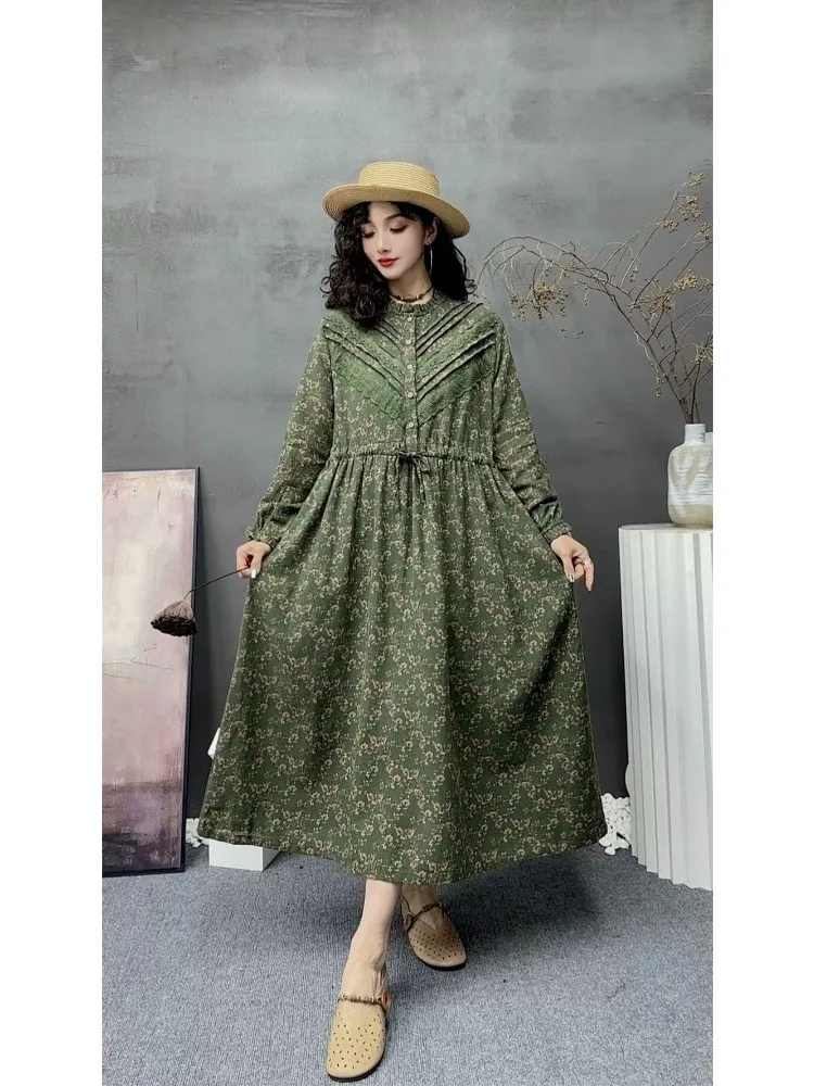 เสื้อผ้าฝ้ายลินินลายดอกไม้สไตล์เรโทรทรงหลวมเอวสูงทรงเอ ใส่สบาย เหมาะสำหรับการเดินทาง แขนยาว ทรงกลม ดีไซน์ทันสมัย
