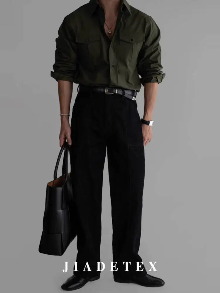 Military Green Cargo Shirt Jacket for Men Tough Style Double Pockets Autumn Spring High End Outerwear