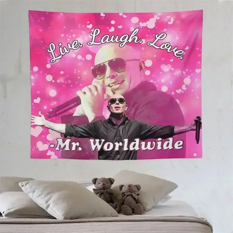 Mr Worldwide Says to Live Laugh Love Tapestry, Pitbull Tapestry Poster Boutique Art Wall Hanging for Home Living Room Decor