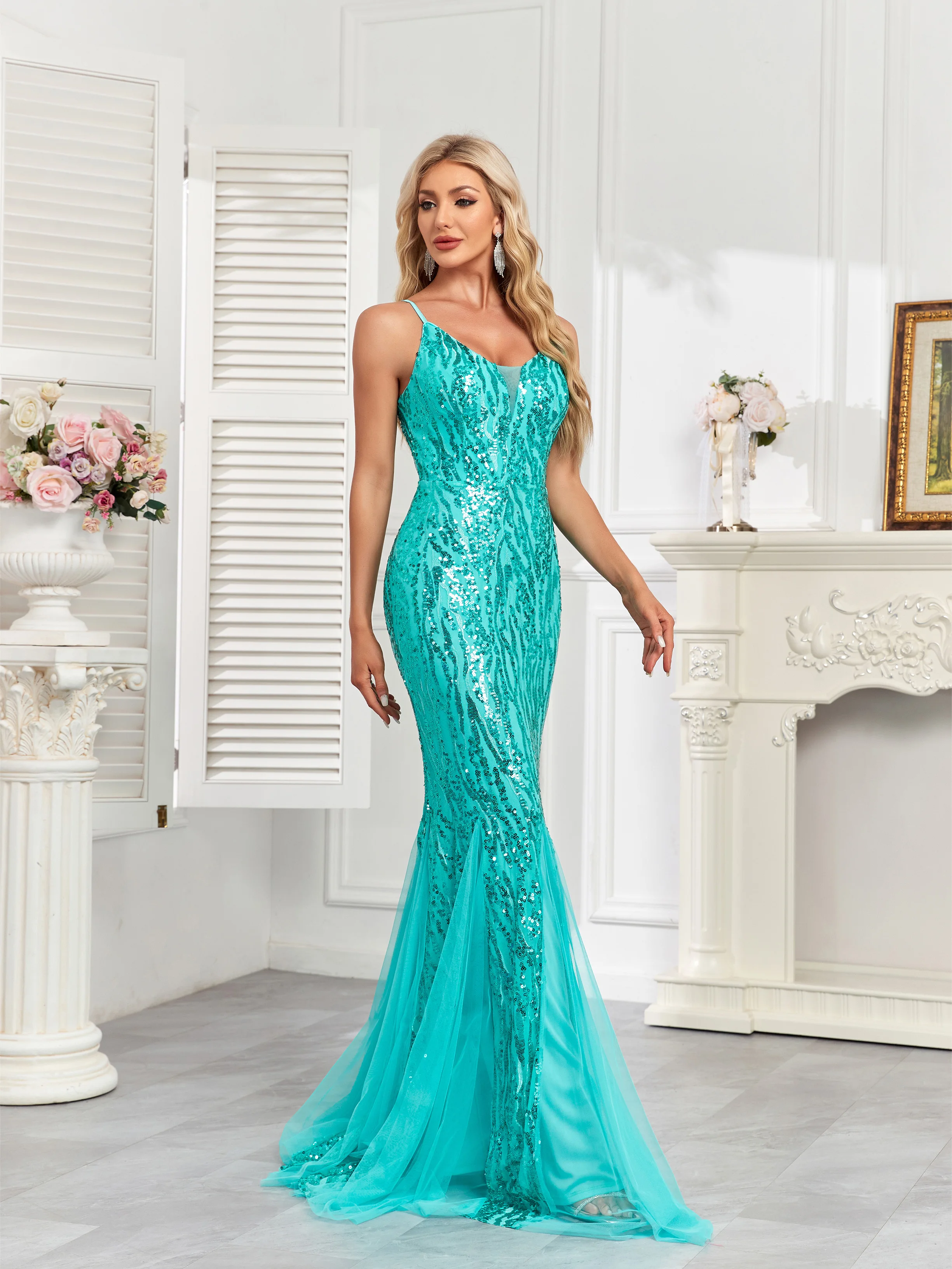 XUIBOL Party halter sequin gown with luxurious fishtail net skirt