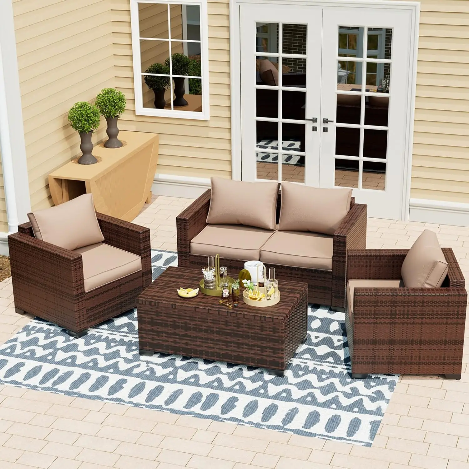 

Outdoor Patio Furniture, 4 PCs Outdoor Sectional Patio Set with Storage Coffee Table and Cushion, Patio Loveseats Furniture