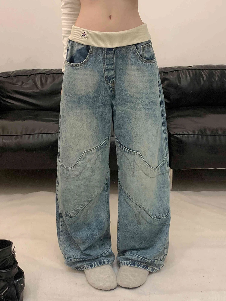 REDDACHiC Women Stitch Knit Baggy Jeans Vintage Distressed Whiskers Casual Low Waist Wide Leg Barrel Pants Korean Streetwear