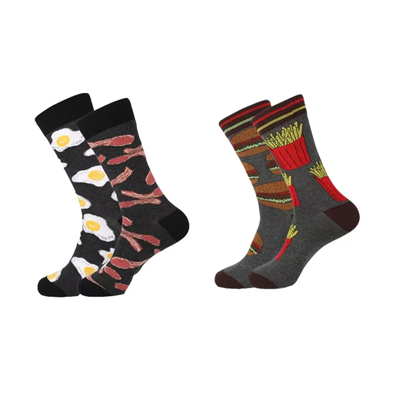 

Новые хлопковые длинные мужские носки, платье, носки с асимметричным узором, мультяшные яйца, бекон, музыкальные гитары, гамбургеры, картофель фри для мужчин
