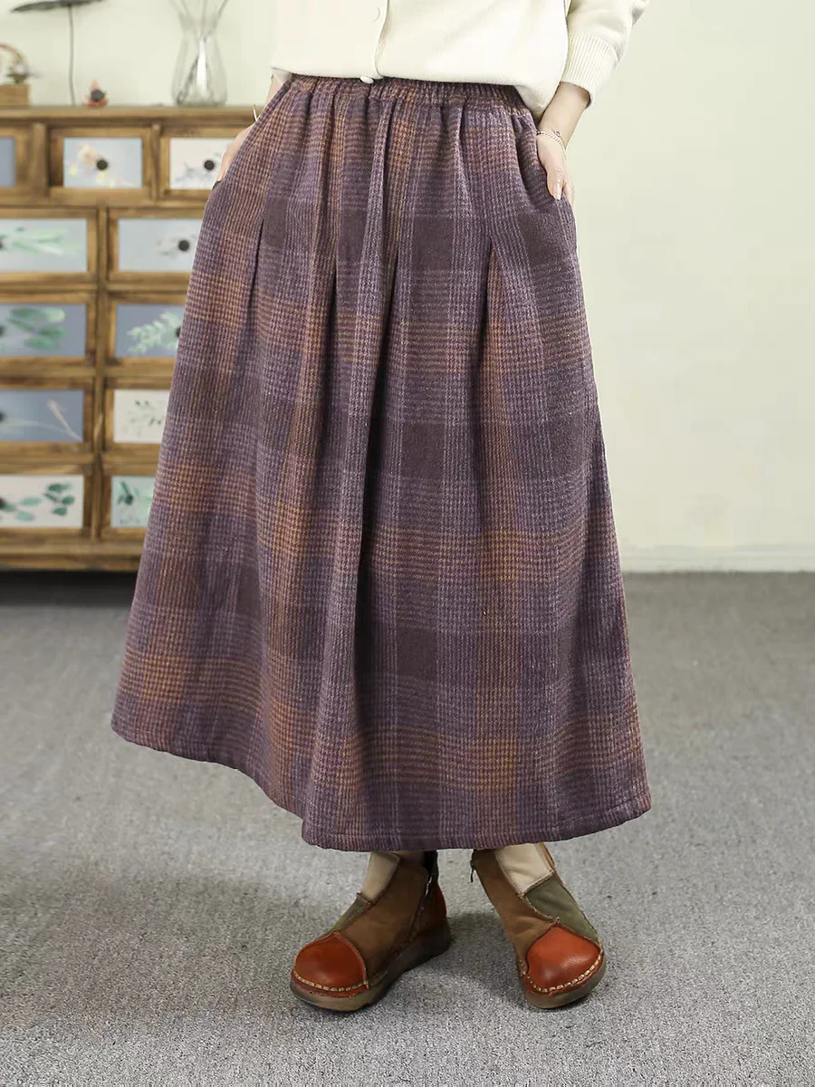 

Warm Casual Woolen Skirt Autumn Winter Plaid Design Mid-Length Women's Faion Skirts Comfortable Breathable A-Line Skirts