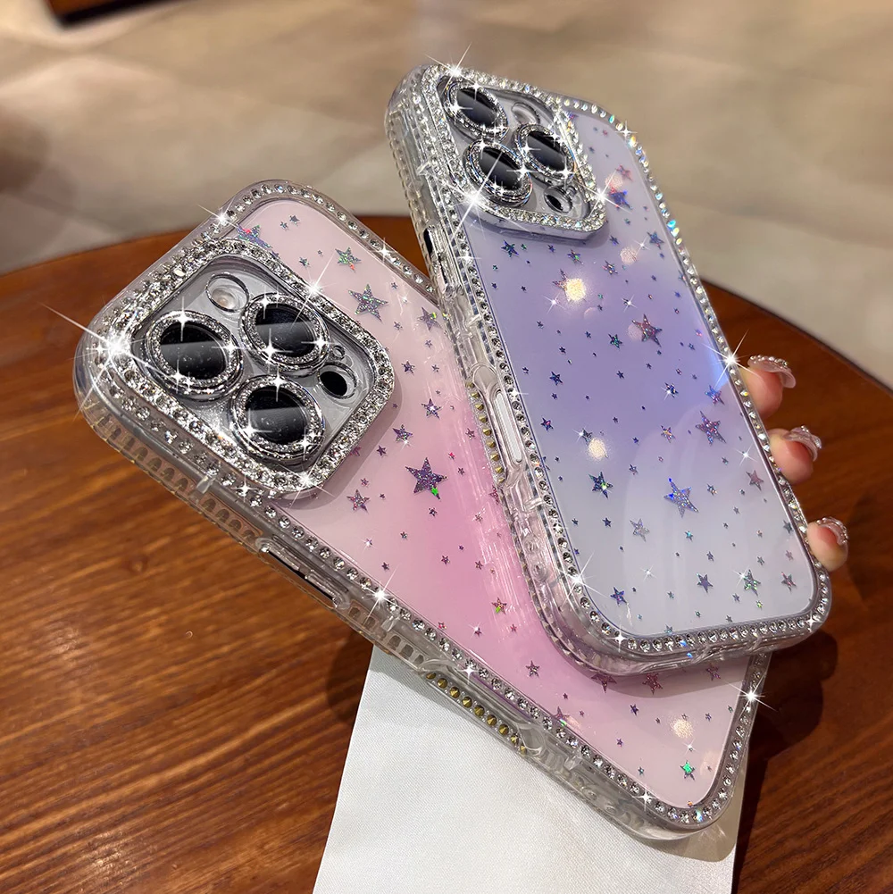 بريق حجر الراين التدرج لون الحلوى واضح قضية الهاتف آيفون 17 16 15 14 13 12 برو ماكس كاميرا حماية غطاء لامع