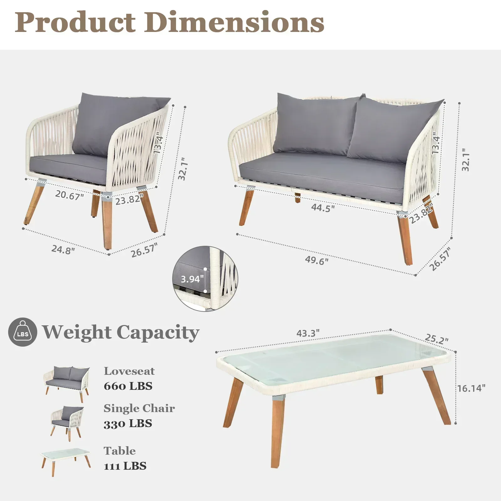 4 Piece Patio furniture set with coffee table Recliner white cord and grey cushions Camping chair Folding chair Outdoor chairs