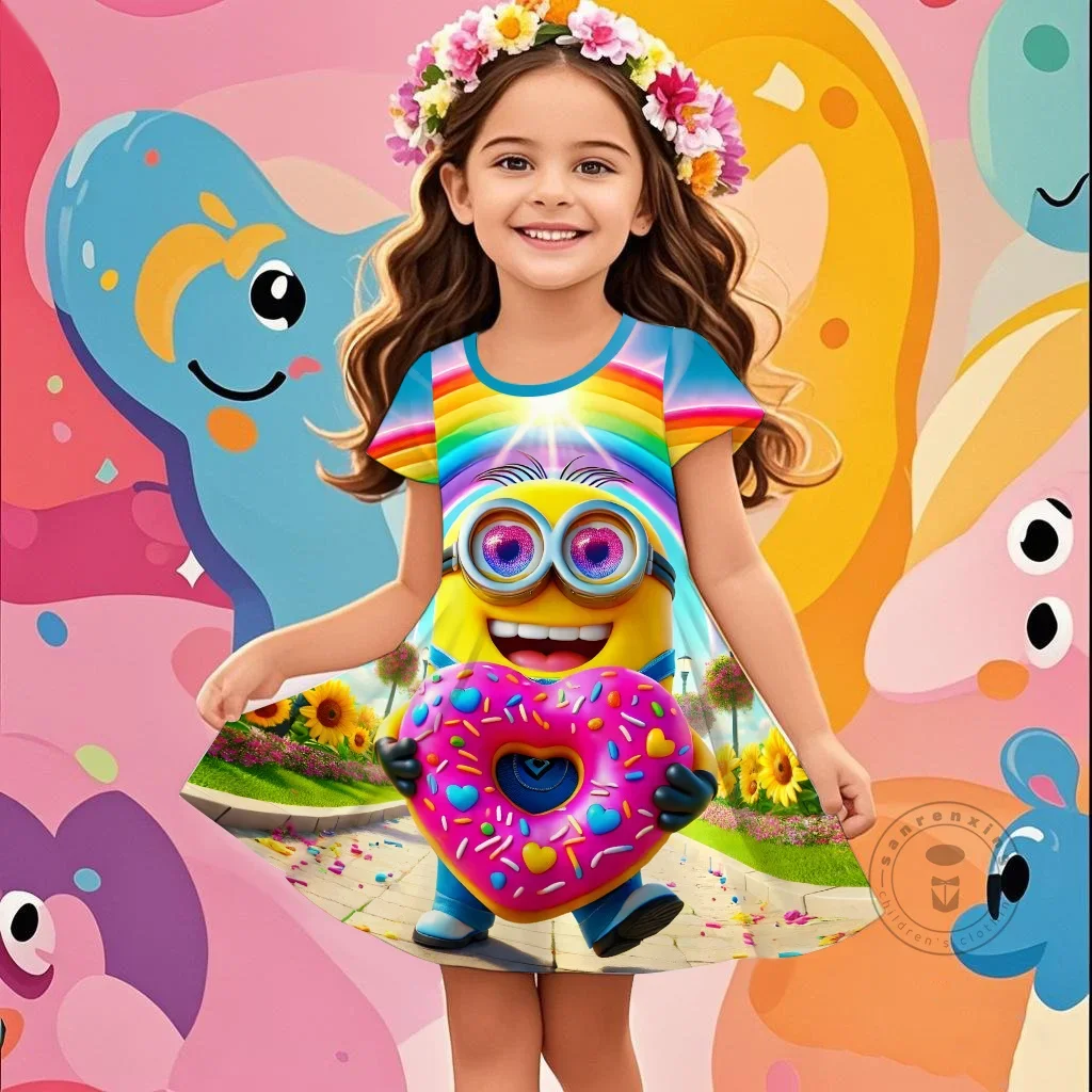 Hot Koop Kids Meisje Grappige Minions Top 3D Prinses Jurk Voor 2-14 Jaar Meisjes Verjaardagsfeestje Jurken comfortabele Korte Mouwen