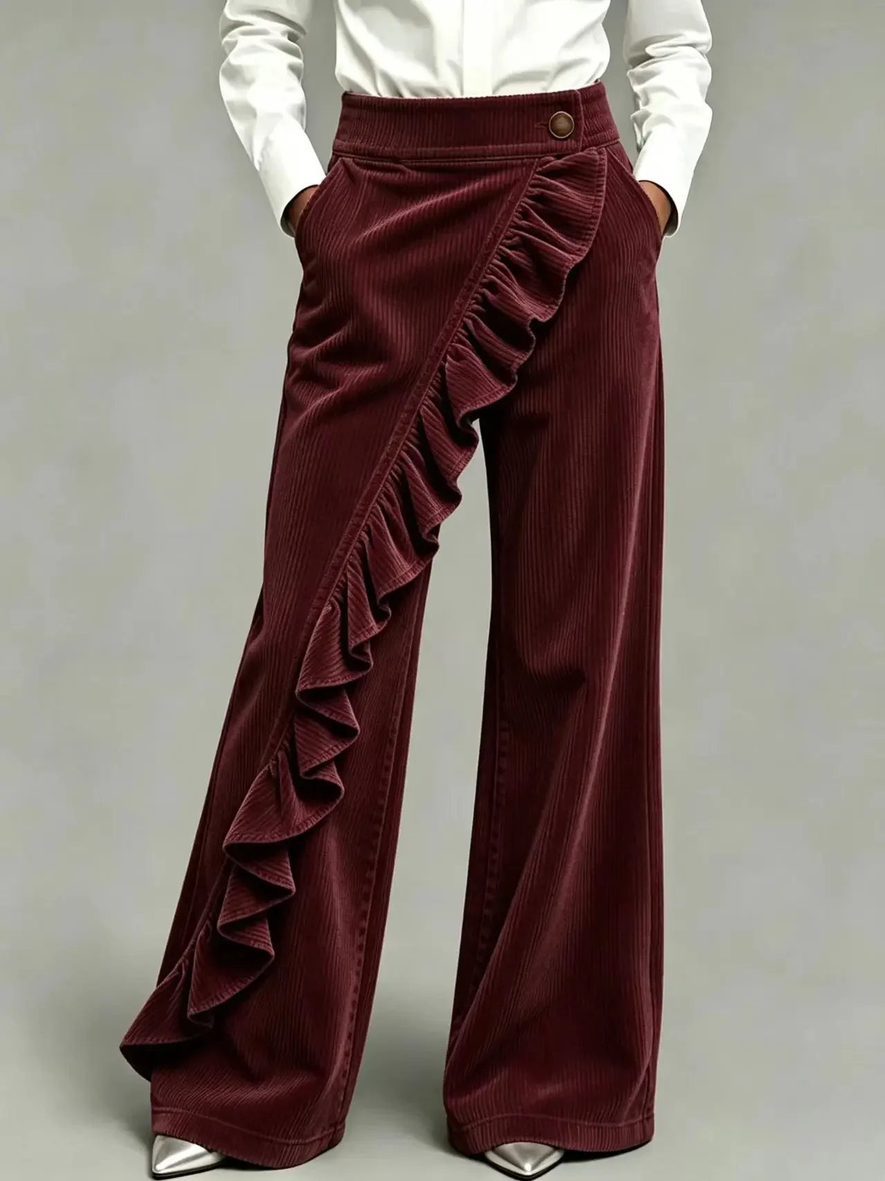 Winter Women High Waist Corduroy Wide Leg Pants Asymmetric Ruffle Decor Loose Casual Long Trousers Fashion Streetwear