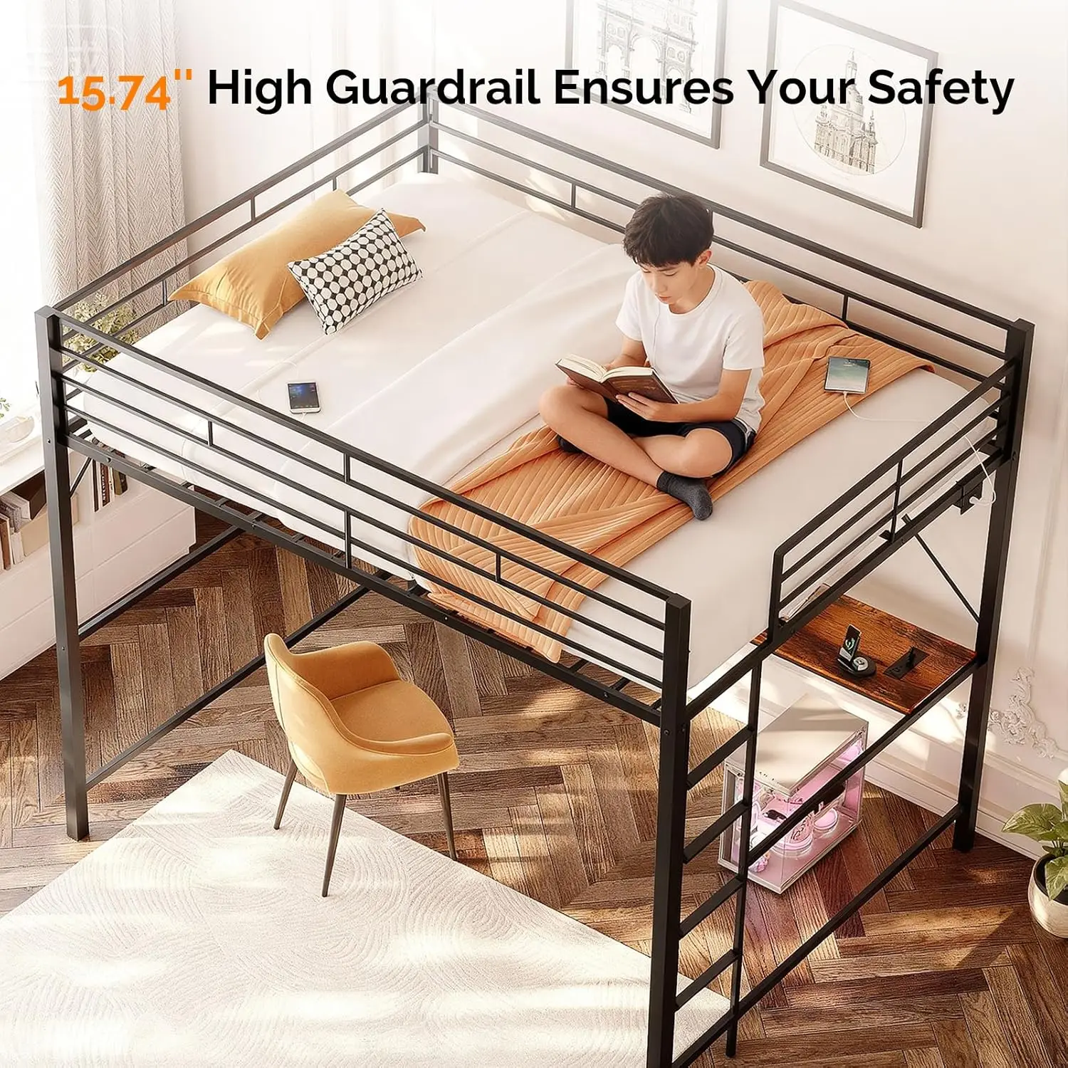 Queen Loft Bed with 15 Inch Guardrail,Led Lights and Desk Underneath, Industrial Metal High Sleeper with 2 Charging, Customized - view 4