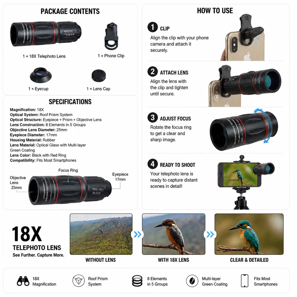 18x telephoto phone lens set, concert telephoto lens, outdoor rangefinder, telephoto lens