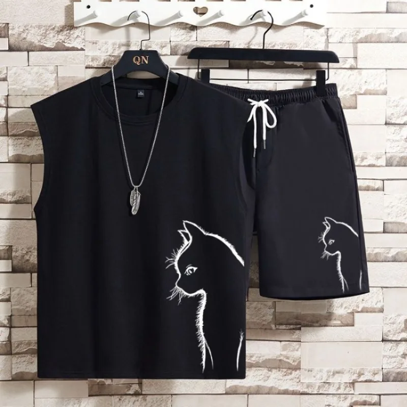 

Plus Size Cute Cat Sleeveless Tank Top Set Summer Casual Two Piece Set with Mid Rise Shorts Breathable Fabric for Men Women