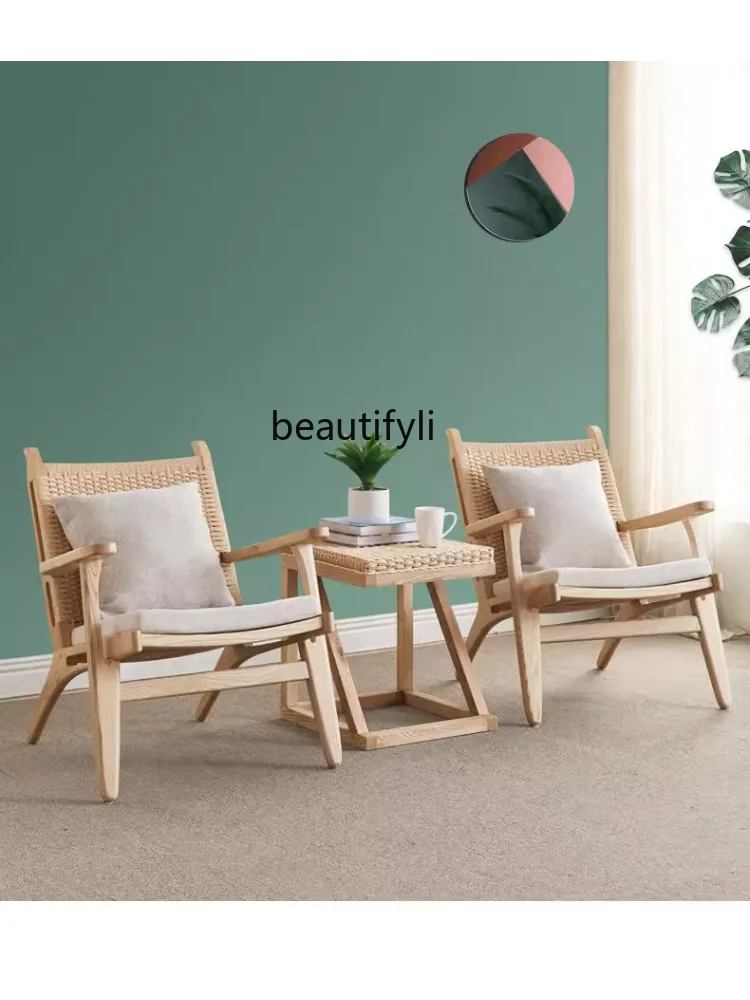 Nordic Modern Minimalist Rattan Chair B & B Balcony Beach Solid Wood Hemp Rope Single Sofa Leisure Rattan Deck Chair