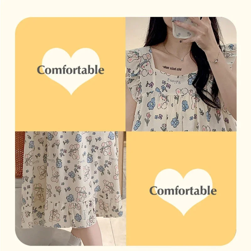 Plus Size Women Cartoon Nightgown with Chest Pad Korean Sweet Summer Suspender Loungewear Loose Pajamas Can Be Worn Outside