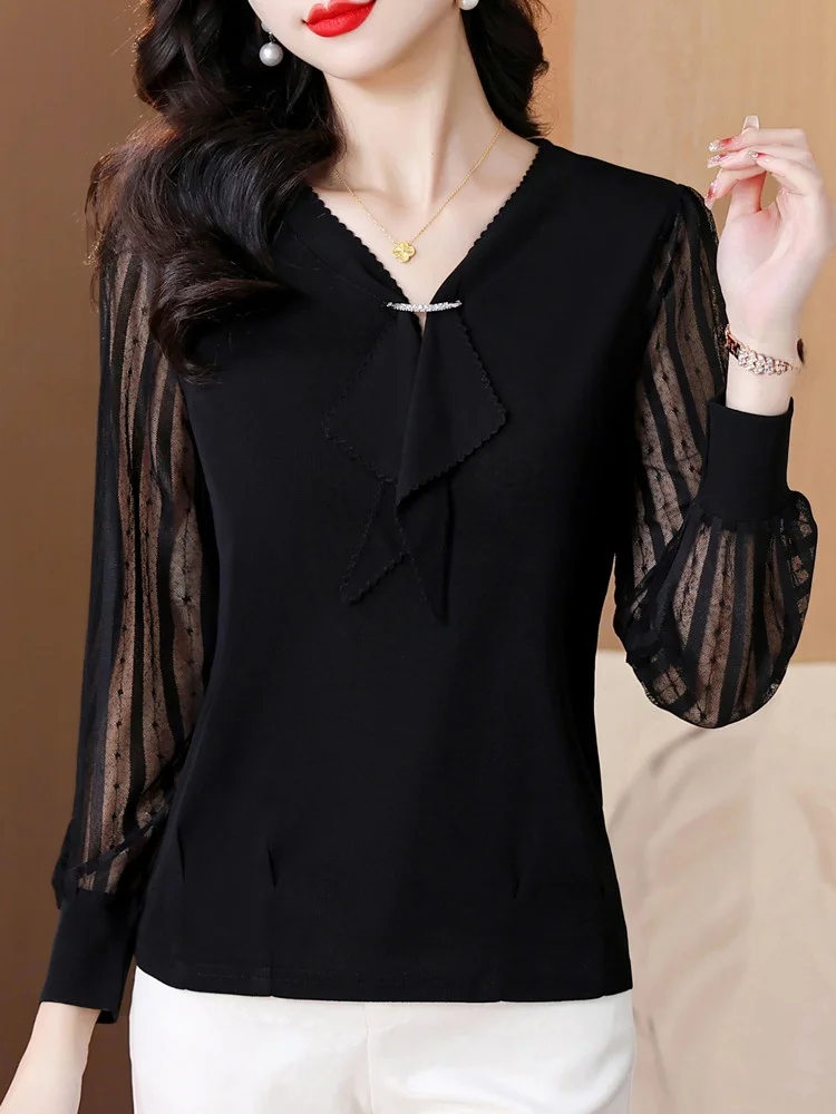 Lace Mesh Base Shirt Women's Loose Long Sleeve T-Shirt Spring Fashion Elegant V-Neck Polyester Fiber Casual Wear