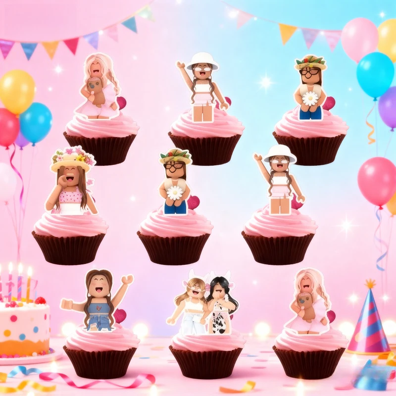 24 قطعة من أغطية الكب كيك الكرتونية الوردية من سلسلة ROBLOX لوازم الفتيان والفتيات مثل لوازم حفلات أعياد الميلاد #1