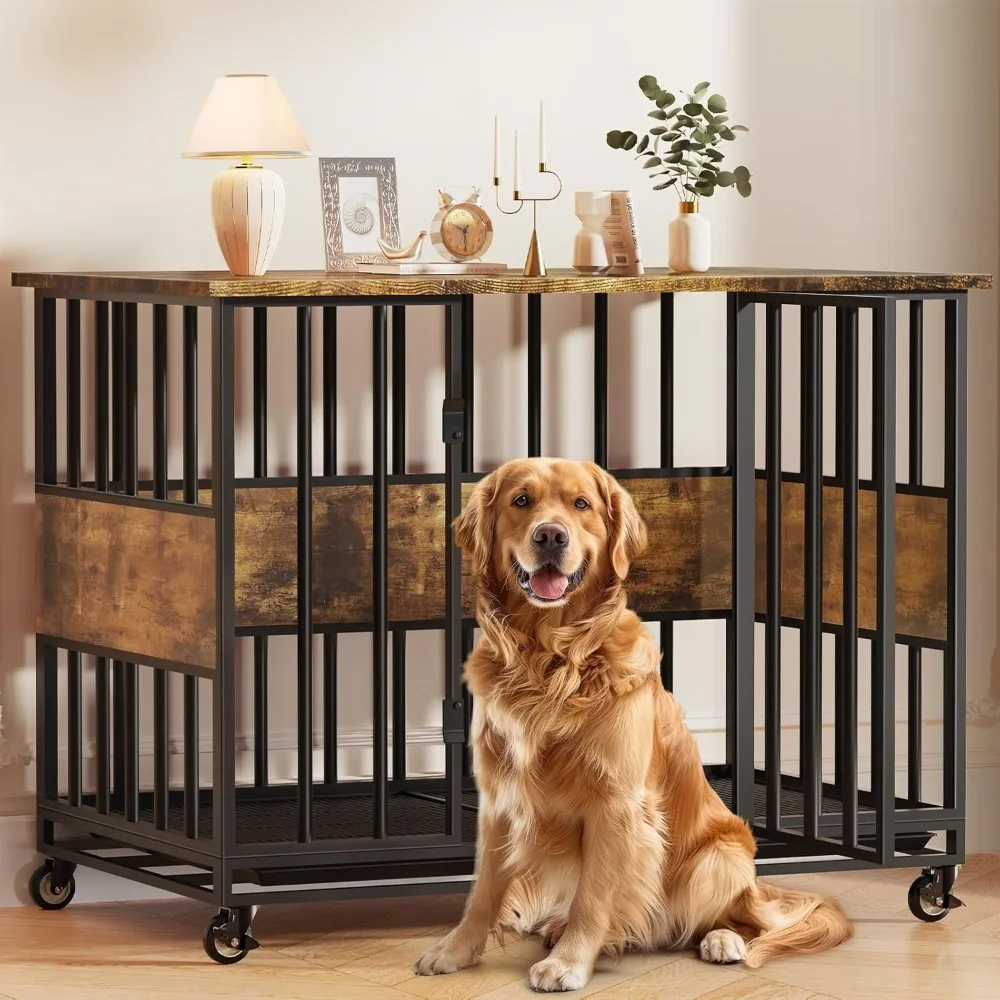 

47" Dog Crate Furniture with Wheels, Dog Kennel Indoor with Double Trays, Farmhouse Decorative Wooden Dog Cage Table with Chew-R