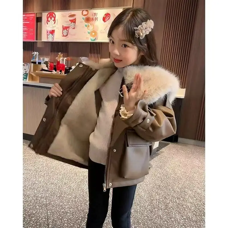 

Kids Girls' Leather Jacket Autumn/Winter Collection With Thick Velvet Korean Edition Children's Baby Hair Collar Leather Jacket