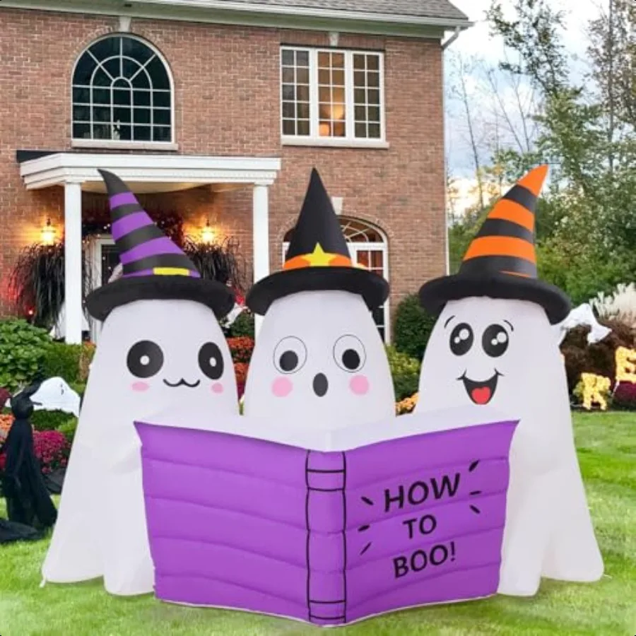 GOOSH 5.2FT Long Halloween Iatables Ghost Outdoor Decoration Blow Up Yard Cute Ghosts Reading Book with Builtin LEDs for Indoor