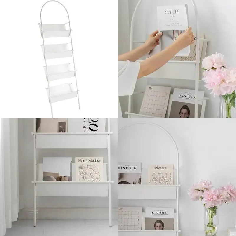 Durable Steel Metal Floor Press Rack Organizer Display Stand Space Saving 5 Pocket Storage Shelf for Home Office Organization