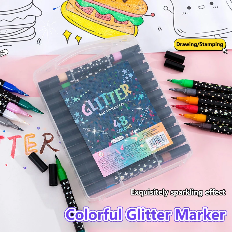 24-96 لون بريق فرشاة علامات أقلام علامات أقلام تحديد طرف مزدوج بريق علامات مجموعة للأطفال الكبار رسم رسم بطاقة صنع #6