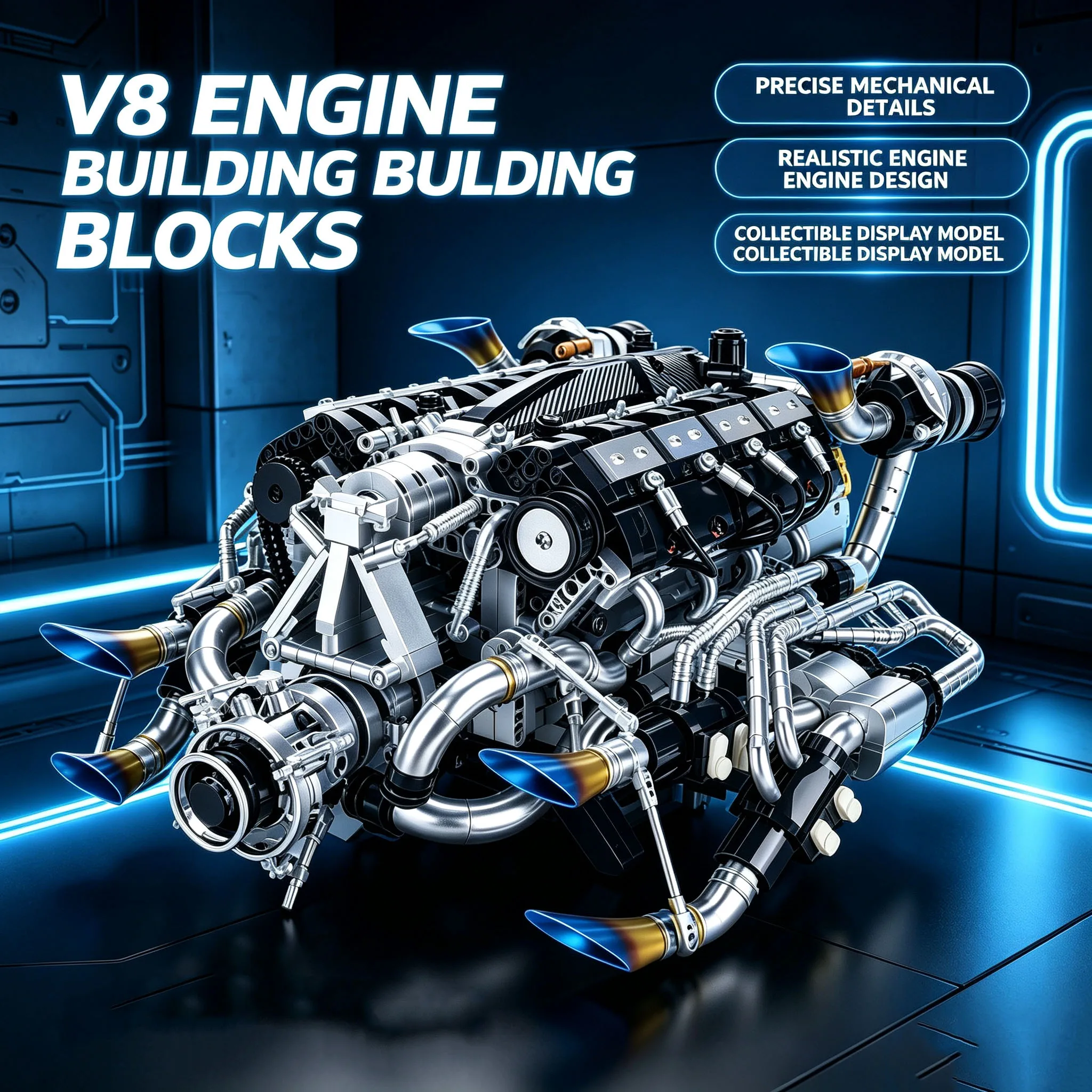 Model Kit V8 Engine - Technical Supercar V8 Engine Building Blocks