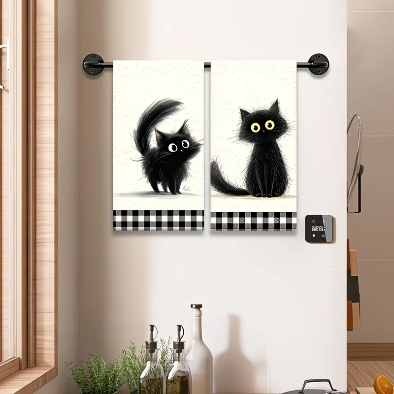 2-Pack Black Plaid Kitten Kitchen Towels, Dish Towels, Hand Towels, Kitchen Decor Towels, Neighbor Gifts, Sweet Housewarming Gifts for Friends, Mom Gifts, Friend Birthday Gifts