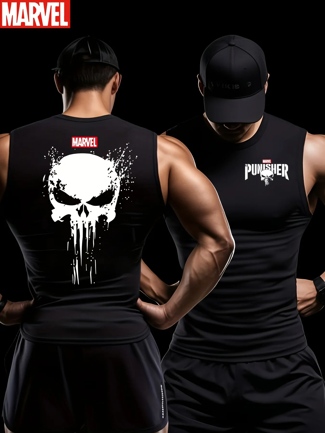 Gilet sans manches pour hommes avec graphiques animés Marvel Punisher Back Print, tenue de fitness 100 % pur coton