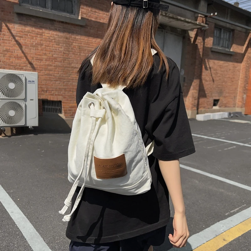New Drawstring Canvas Backpack for Women Leisure School Backpack Trendy Cool Female Schoolbag Girl Kawaii Travel Student Bag