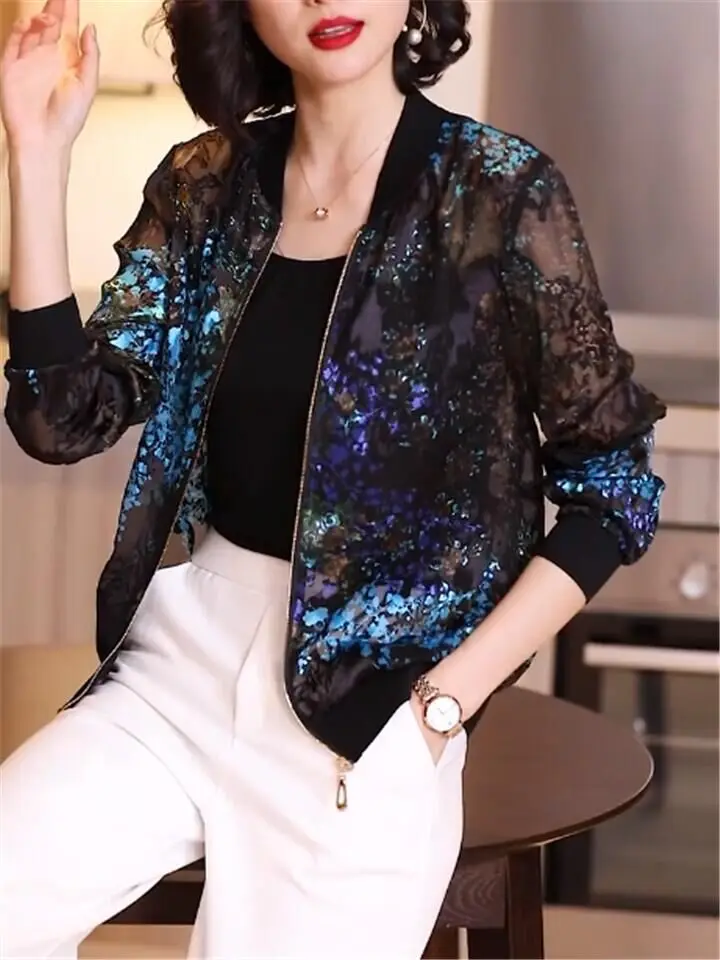 

Summer 2023 Women's Loose Fit Long Sve Baseball Sle Printed Chiffon ort Outerwear Sun Protection Top Zipper Closure